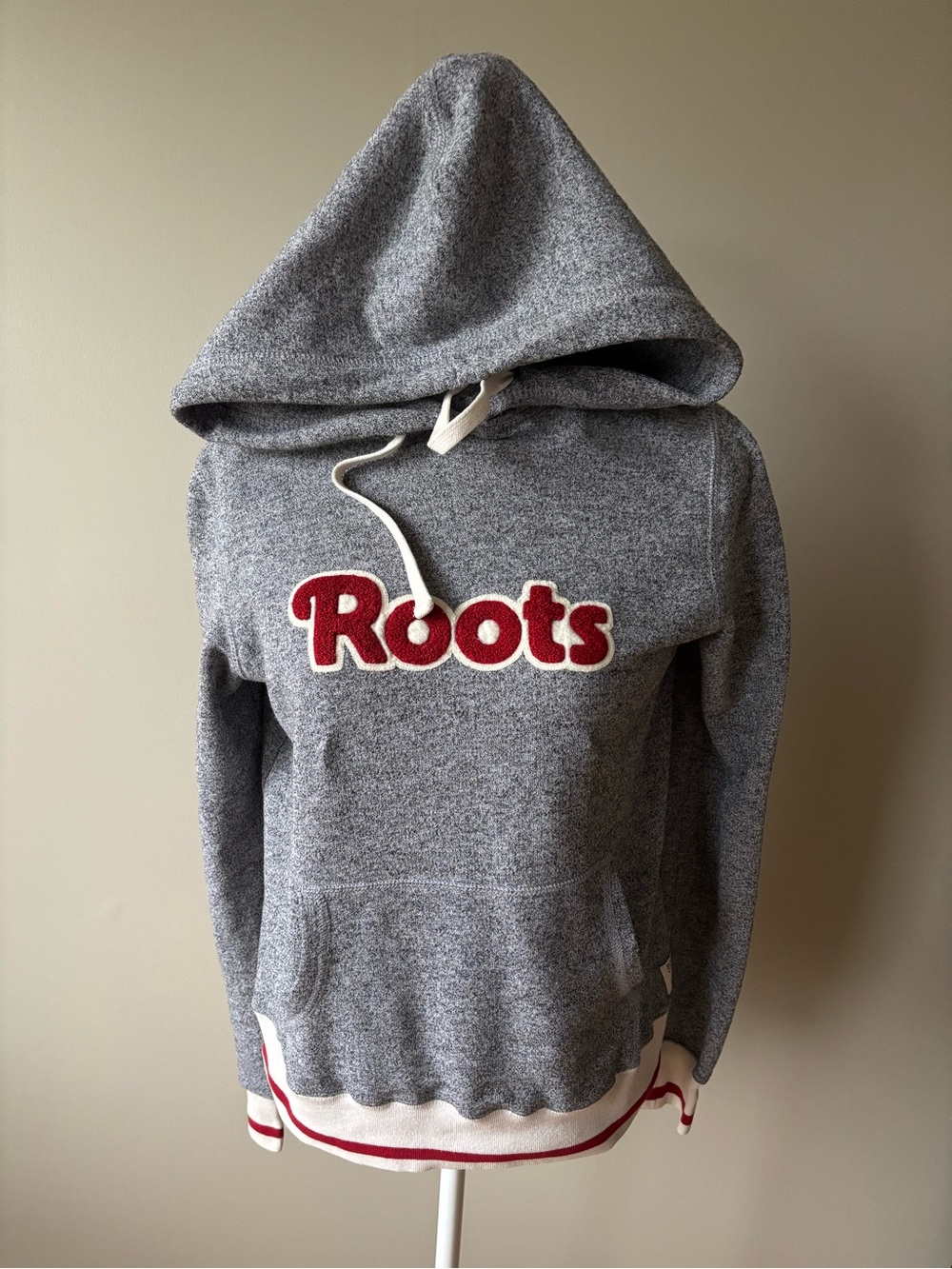 Roots Cabin Salt and Pepper Grey Hoodie with Red Logo Small